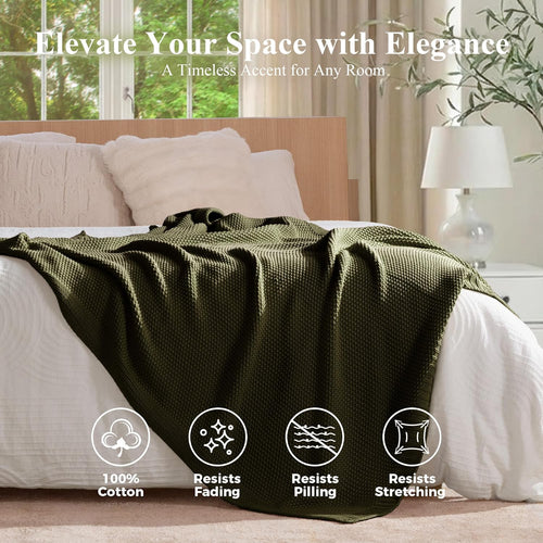 100% Cotton Cable Knit Throw Blanket, Lightweight Soft Knit Blanket for Sofa Couch Bed, Breathable All-Season Throw, Cozy Decorative Blanket, 50 x 60 Inch,Olive Green